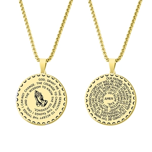 Polished gold stainless steel prayer hands medallion and Lord's Prayer pendant necklace
