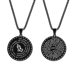 Stainless Steel Praying Hands Necklace Lord's Prayer Serenity Prayer Round Pendant Box Chain Religious Unisex Jewelry