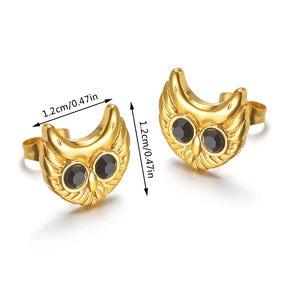 Close-up of owl stud earrings in gold with black crystal eyes and 1.2cm size measurement