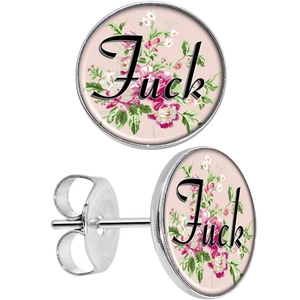 Hip-Hop Fuck Off runde Ohrstecker aus Glas mit Blumenmuster in polierter Silberoptik