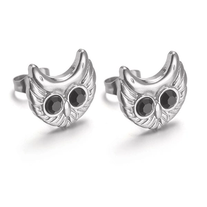 Polished stainless steel owl earrings with black cubic zirconia eyes and feather texture
