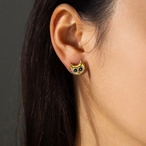 Elegant 18K gold owl stud earrings with sparkling black stone eyes for women