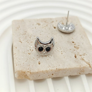 Macro shot of owl studs with silver finish and black crystal eyes on stone texture