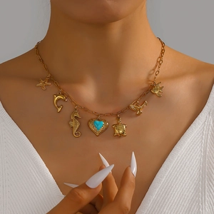 Collana Con Ciondoli Multipli Cuore Dell Oceano Acciaio Inossidabile Stella Marina Tartaruga Delfino Estate Spiaggia Gioielli