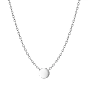 Macro view of mirror-finish 8mm stainless steel bead pendant on silver chain necklace