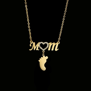 Collana Con Ciondolo Cuore MOM Acciaio Inossidabile Strass Incrostati Impronta Bambino Tono Oro Regalo Per Madre