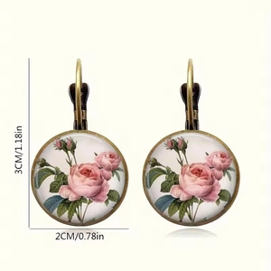 Macro detail of vintage pink rose earrings showing exact 3cm height and 2cm width dimensions
