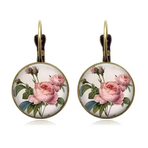 Vintage bronze lever-back earrings with pink rose flower patterns in glass cabochons