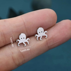 Cute octopus stainless steel stud earrings in silver and white enamel, 1cm size