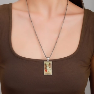 Silver stainless steel Tarot Empress cat necklace pendant on model neck