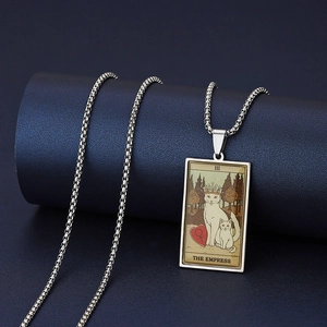Detailed close-up of The Empress tarot cat pendant on a stainless steel bead chain