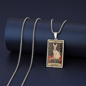 Detail of silver stainless steel tarot necklace with XV The Devil hairless cat pendant