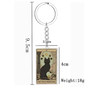 Cat tarot high priestess keychain in vintage oil painting style with size dimensions