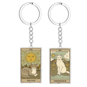 Tarot Cat Stainless Steel Keychains featuring The Sun and Temperance vintage artwork