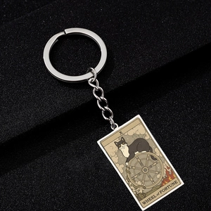 Macro shot of stainless steel Wheel of Fortune tarot keychain with a vintage cat design