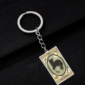 Close-up of The World tarot keychain featuring a black cat design on stainless steel