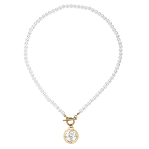 Edelstahl-Halskette in Gold mit Kunstperlen und Blumen-Anhänger mit Bibelvers-Motiv