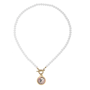 Vintage stainless steel pearl necklace with hummingbird pendant and golden OT clasp
