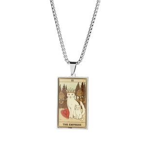 Silver stainless steel Empress Tarot card necklace with vintage cat art pendant