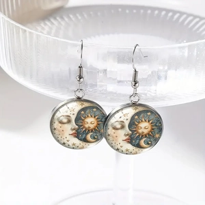 Bohemian sun and moon handmade glass cabochon drop earrings with vintage silver hooks