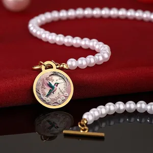Vintage Stainless Steel Hummingbird Oil Painting Pendant Faux Artificial Pearl Beaded Necklace With Toggle Clasp For Women
