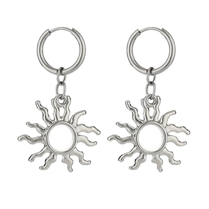 Polished stainless steel hoop earrings featuring vintage sunburst spiral pendants