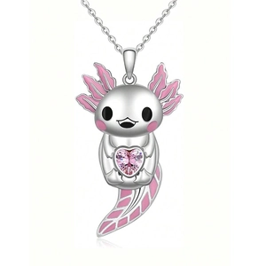 Detail of axolotl pendant featuring pink heart crystal and enamel accents on silver chain