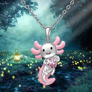 Cute pink salamander necklace with heart zircon in a magical forest fantasy setting