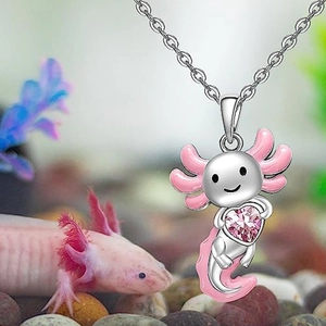 Axolotl heart pendant necklace with pink zircon and enamel in silver finish