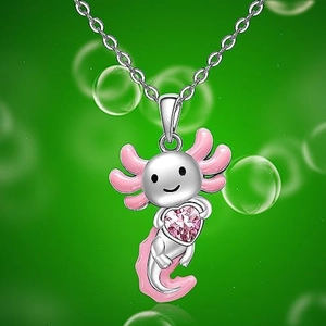 Close-up of pink heart zircon necklace featuring a cute silver salamander pendant