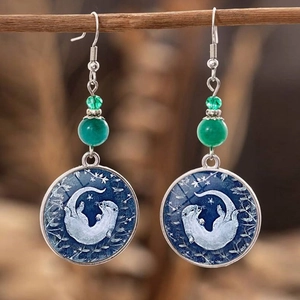 Boucles d'Oreilles Pendantes en Acier Inoxydable et Verre avec Loutre et Perles Vertes Style Ethnique Ciel Étoilé pour Femme