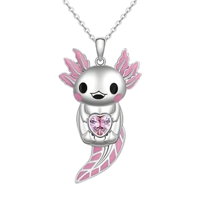 Axolotl pendant necklace with pink heart zircon and enamel details on silver chain