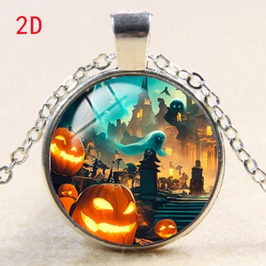 Halloween pumpkin and ghost illustration round pendant necklace with silver frame
