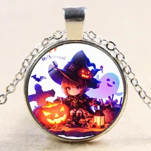 Detail of Halloween necklace with pumpkin ghost pendant and Happy Halloween typography