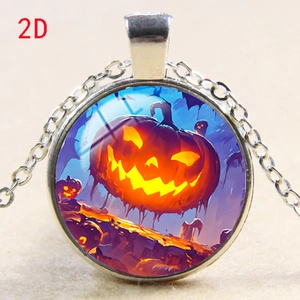 Detail of Halloween pumpkin ghost round pendant necklace with silver metal chain