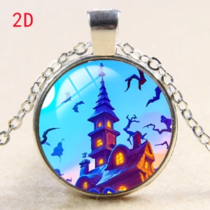 Detail view of gothic castle and bats illustration in a round glass pendant necklace