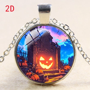 Halloween pumpkin jack-o-lantern ghost round pendant necklace with silver chain jewelry