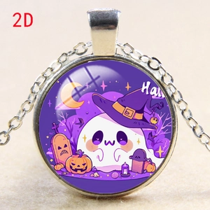 Detail of Halloween ghost and pumpkin pendant with silver chain and glass dome cover