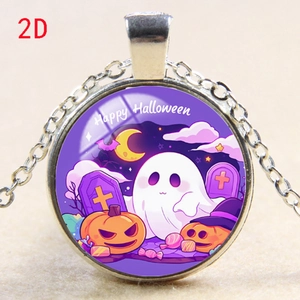 Detail of Halloween pendant featuring ghost and pumpkin graphics on purple background