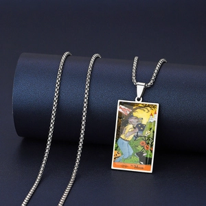 Collier pendentif lune de tarot vintage en acier inoxydable avec style de peinture à l'huile