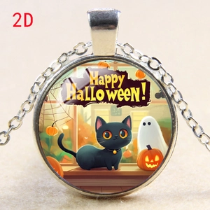 Detail of Halloween pendant with black cat, ghost and pumpkin under glass dome
