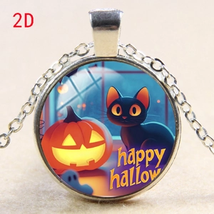 Detail of Halloween necklace with black cat and glowing pumpkin illustration pendant