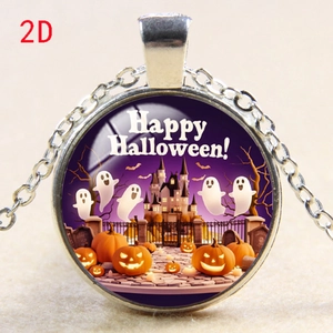 Macro shot of Halloween necklace pendant with ghost pumpkin castle and Happy Halloween text