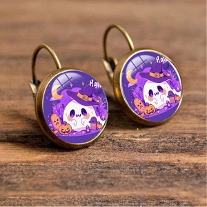 Halloween Leverback Earrings Antique Bronze Alloy Glass Cabochon Cartoon Ghost Pumpkin Black Cat Jewelry For Women
