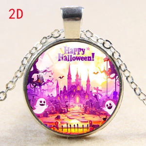 Macro detail of Halloween round pendant showing ghost castle and Happy Halloween text