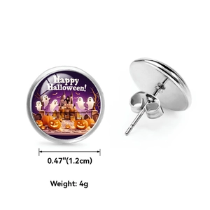 Detailed view of Halloween stud earrings with measurements of 1.2cm and ghost castle design