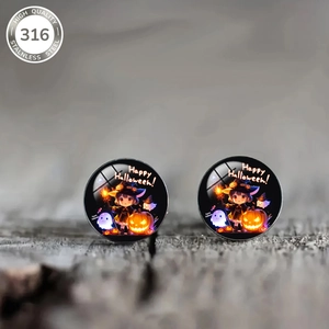 Macro shot of Halloween ghost and witch earrings on dark wood surface, 316 stainless steel