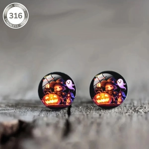 Detail of 316 stainless steel Halloween stud earrings with witch and pumpkin motifs