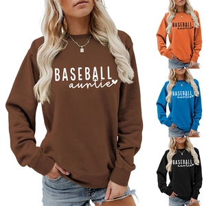 Detail view of baseball auntie sweatshirt in brown, orange, blue, and black color options