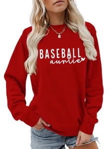 Close-up of red crewneck sweatshirt with Baseball Auntie print and heart detail